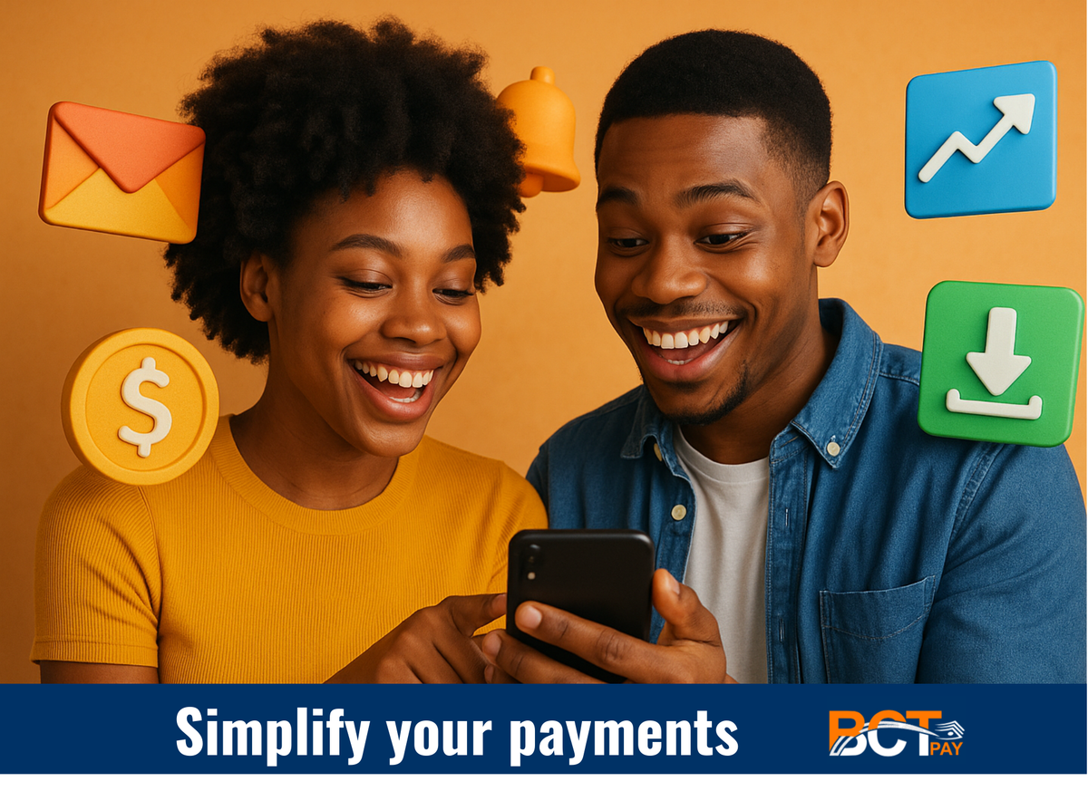Happy woman using BCTPay mobile payment app in colorful setting